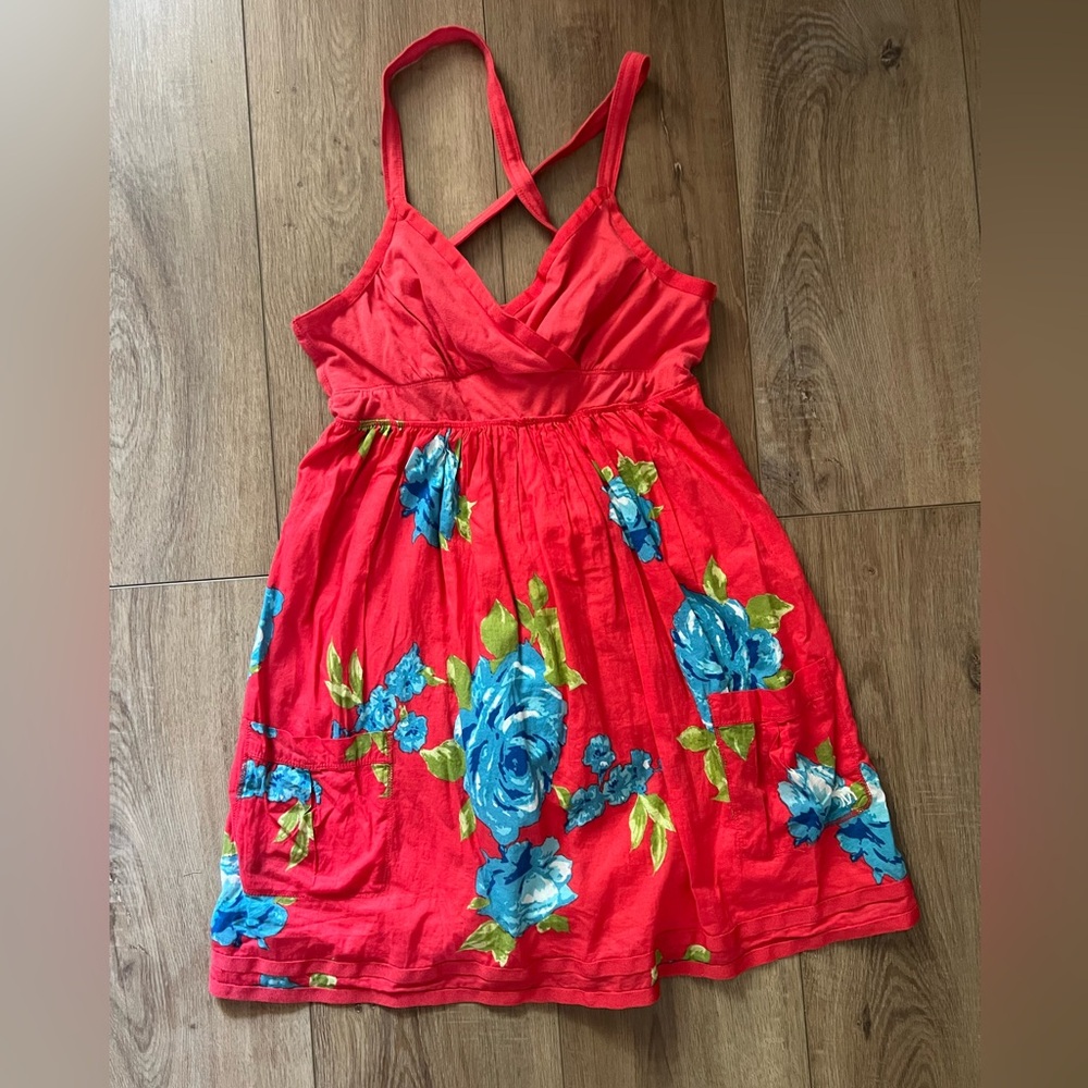 Abercrombie & Fitch Y2K Rare Babydoll Tunic Bright Red Coral Blue Floral Pattern